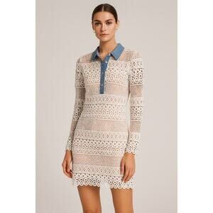 English Factory Embroidered Lace/Chambray Long Sleeve Mini Dress White/Blue S
